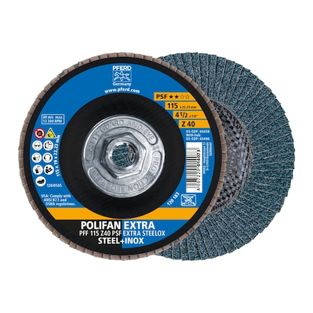 Pferd 4-1/2" x 5/8-11 Thd. POLIFAN Flap Disc - Z PSF EXTRA STEELOX, Zirconia, 40 Grit, Flat 60486